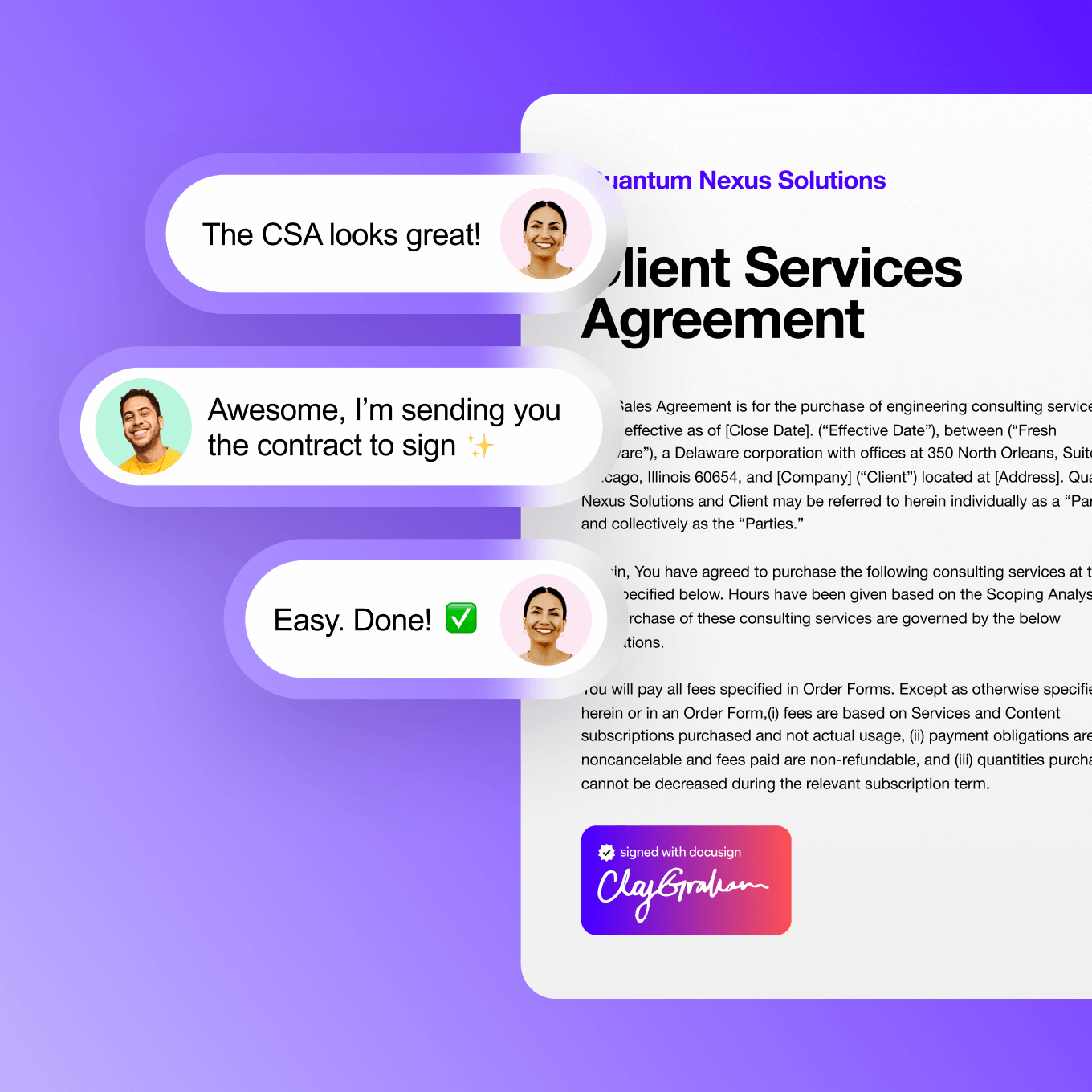 A chat-style interaction showing a quick approval and signing of a Client Services Agreement, highlighting the speed and efficiency of sales contract management.
