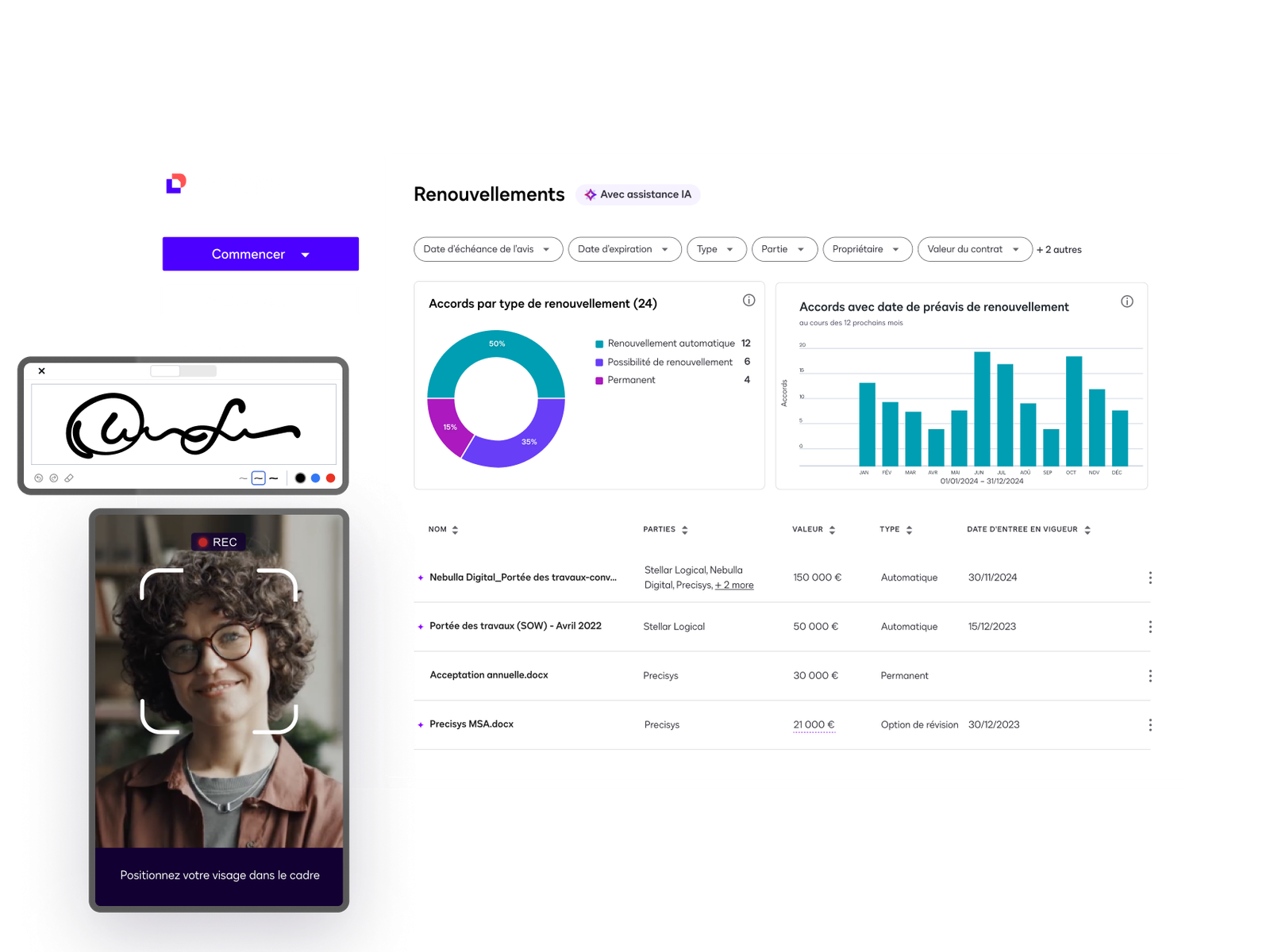 Interface affichant les fonctionnalités du produit Docusign