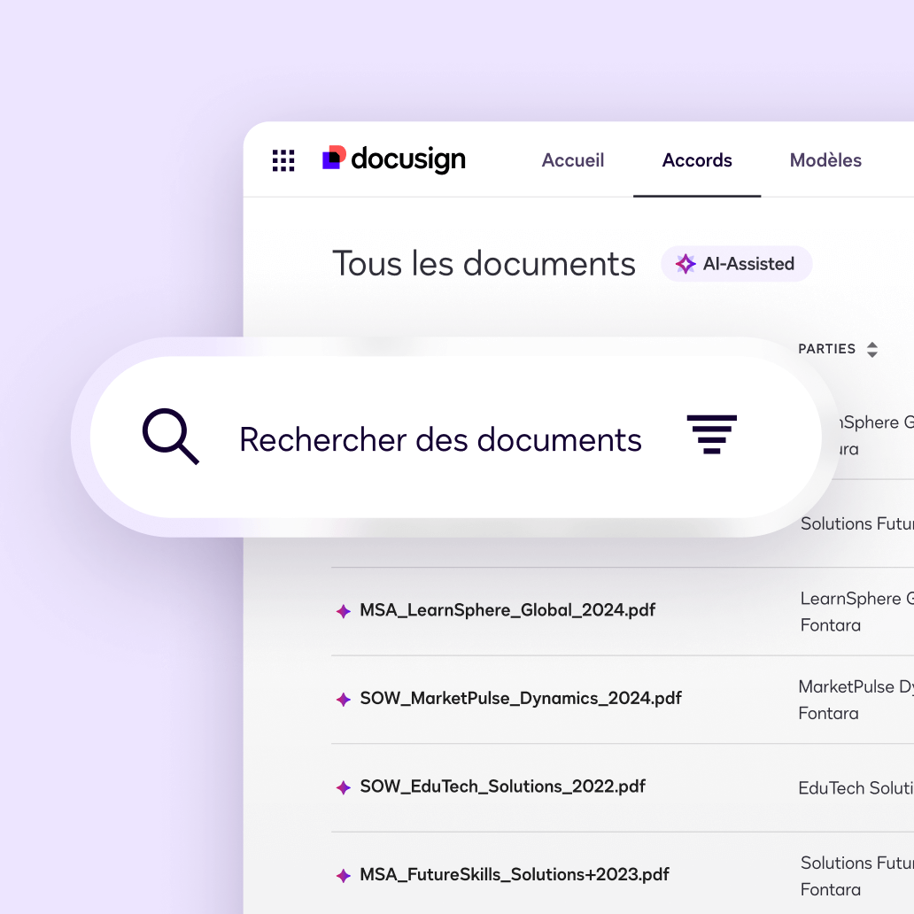 Interface utilisateur de Docusign Agreement Manager pour l'outil de recherche