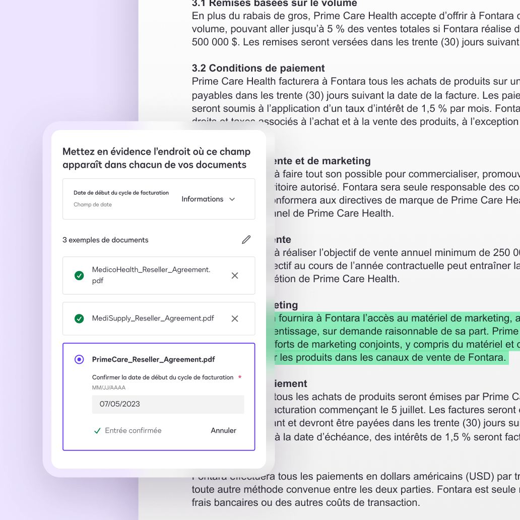 Un écran dans Docusign Agreement Manager affichant une extraction personnalisée utilisant l'IA.