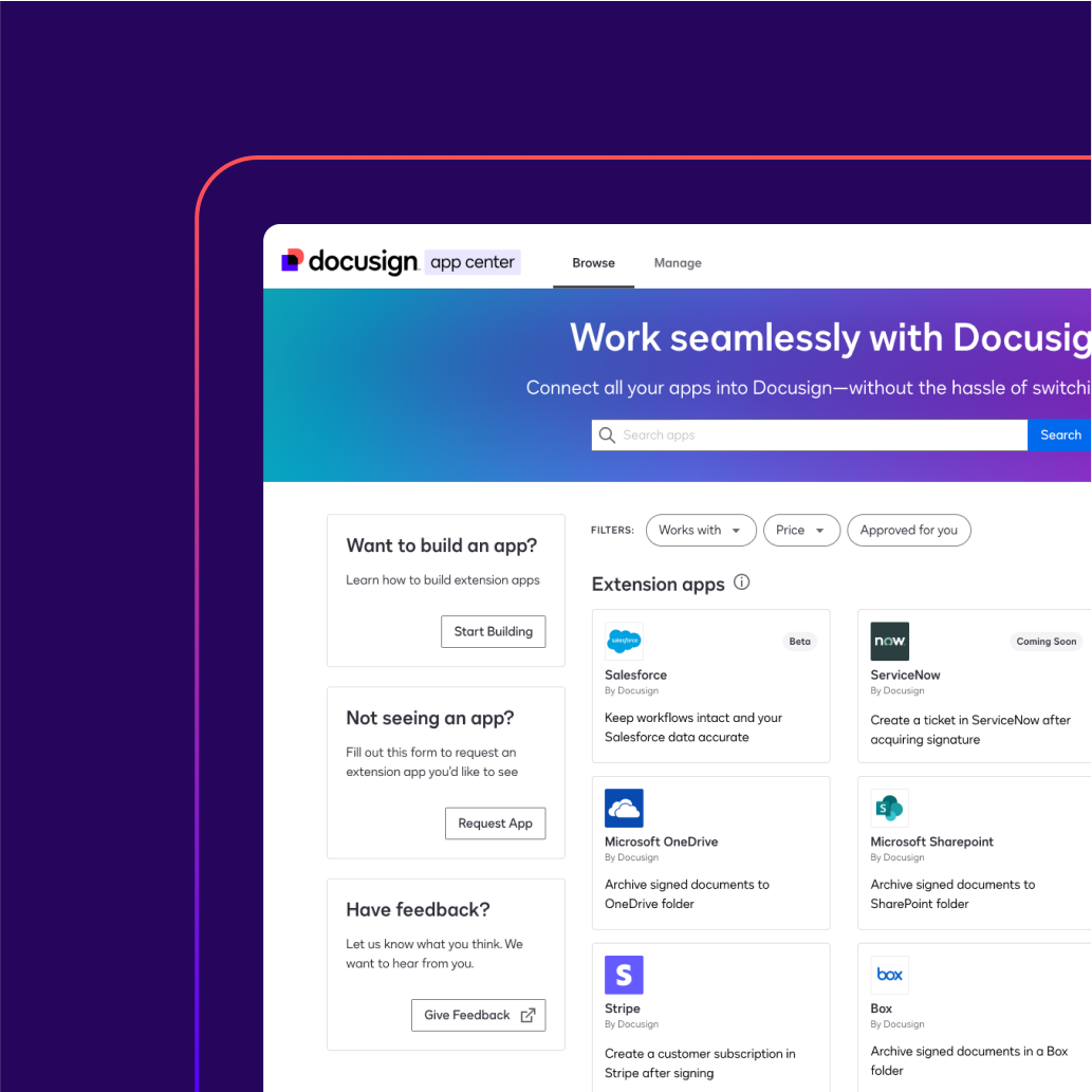 Screenshot of DocuSign app center homepage featuring options to build apps, request apps, and provide feedback.