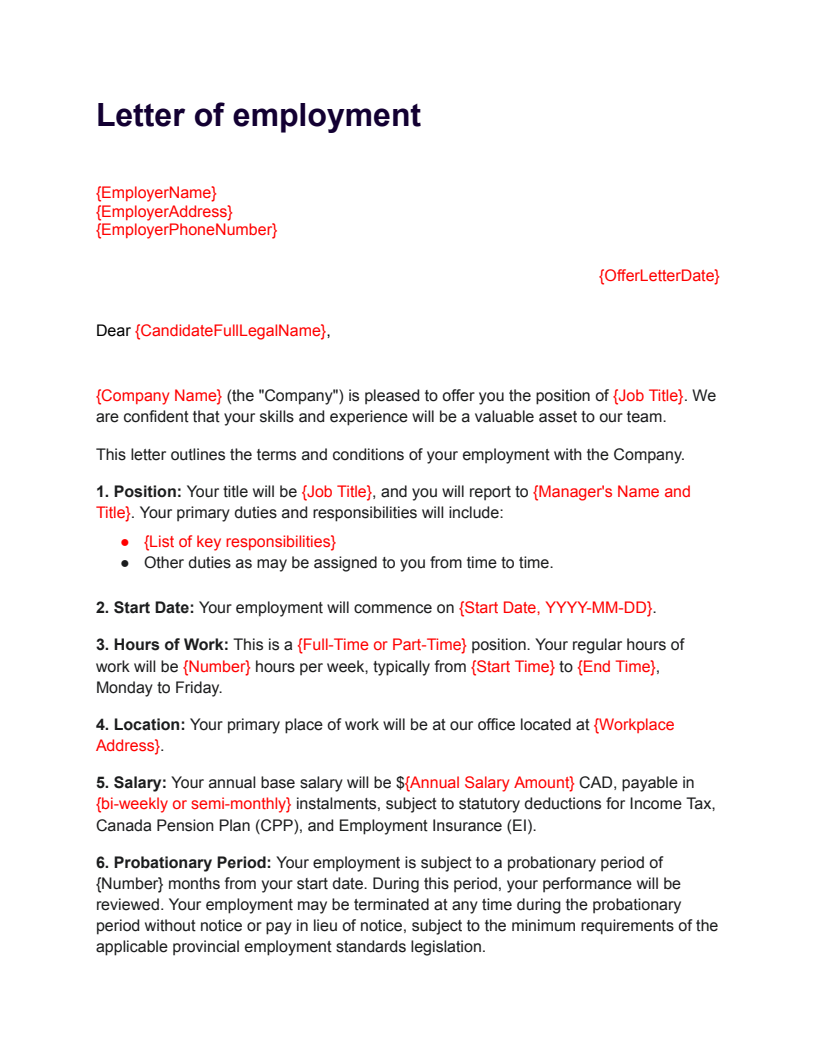 Letter of Employment template